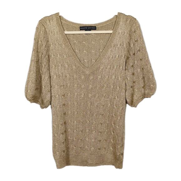 RALPH LAUREN Black Label Gold Cable-Knit Short Sleeve Sweater Women's Large - Picture 1 of 6